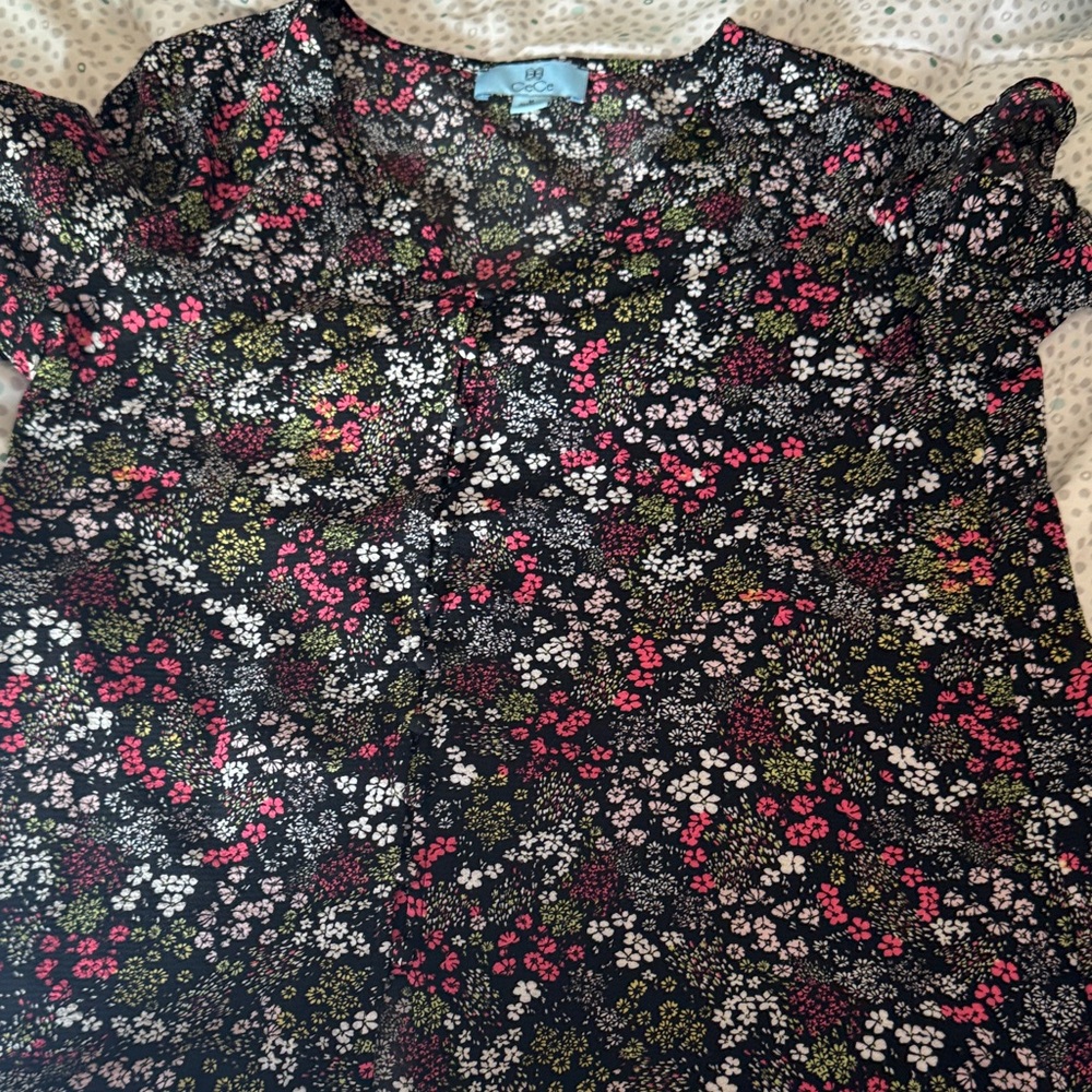 CeCe Black Floral Top with Pink and White Accents